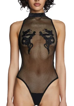 Club Exx Tops*Bad Luck Dragon Fishnet Bodysuit - Black