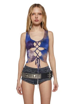 Club Exx Tops|Plus*Celestial Bass Lace Up Crop Top - Tie Dye