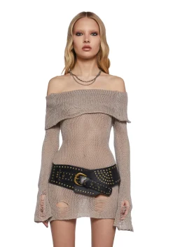 DARKER WAVS Dresses*Chamber Distressed Sweater Dress - Ecru