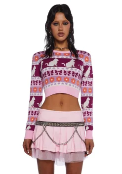 Current Mood Tops*Check Meowt Crop Sweater