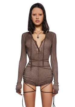 DARKER WAVS Jumpsuits & Rompers*Crossfade Hooded Long Sleeve Romper - Brown