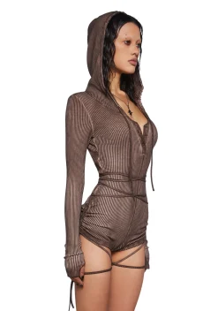 DARKER WAVS Jumpsuits & Rompers*Crossfade Hooded Long Sleeve Romper - Brown