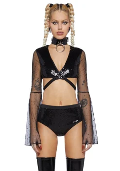 Club Exx Tops*Dazed Dreamer Sequin Wrap Top - Black