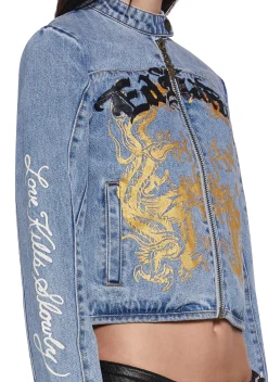 Ed Hardy Outerwear*Dragon Panther Denim Moto Jacket