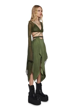 DARKER WAVS Dresses*Echo Asymmetrical Mesh Wrap Dress - Green