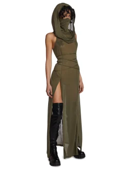 DARKER WAVS Dresses*Echo Hooded Slit Maxi Dress - Green