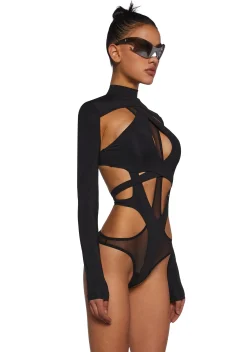 DARKER WAVS Tops*Flanger Strappy Spandex And Mesh Bodysuit - Black