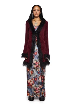 Current Mood Tops*Furry Foe Long Cardigan-Burgundy
