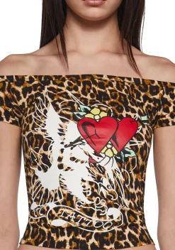 Ed Hardy Tops*Hearts Off The Shoulder Leopard Top