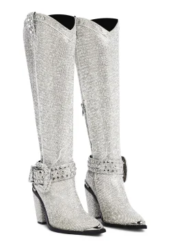 BOY Club Exx Boots|Cowboy Boots*Sharp Sheriff Shine Knee High Boots -Silver