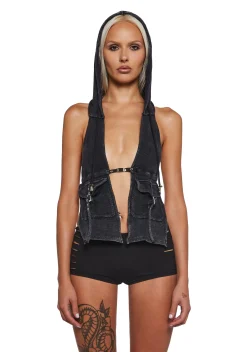 DARKER WAVS Tops*Signal Halter Top With Hood