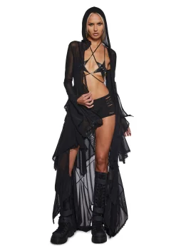 Club Exx Outerwear|Plus*Sparkled Myths Hooded Duster - Black