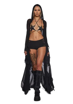 Club Exx Outerwear|Plus*Sparkled Myths Hooded Duster - Black