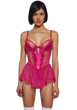 Sugar Thrillz Lingerie*Spoiled But Not Rotten Lace Teddy - Hot Pink