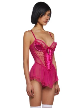 Sugar Thrillz Lingerie*Spoiled But Not Rotten Lace Teddy - Hot Pink