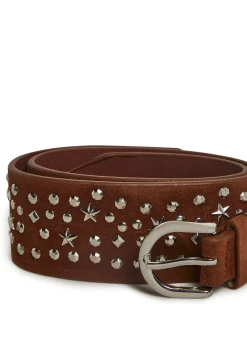 x_Fame Accessories Belts & Harnesses*Star Stud Leather Belt - Brown