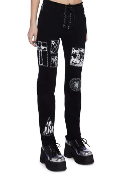 Current Mood Bottoms|Pants*Stitch Bitch Lace-Up Patch Jeans