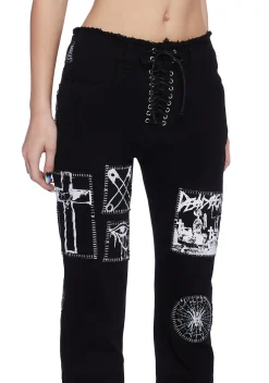 Current Mood Bottoms|Pants*Stitch Bitch Lace-Up Patch Jeans