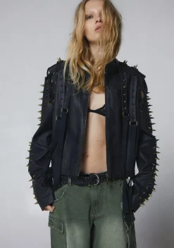 DARKER WAVS Outerwear|Tops*Warp Spiked Jacket With Lace Up Sleeves - Black