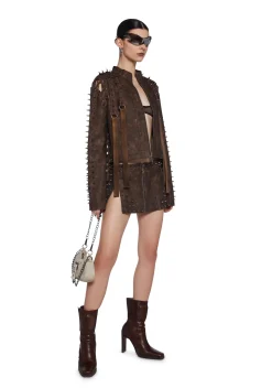 DARKER WAVS Outerwear|Tops*Warp Spiked Jacket With Lace Up Sleeves - Brown