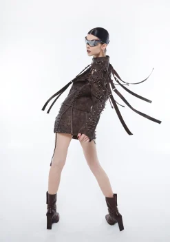 DARKER WAVS Outerwear|Tops*Warp Spiked Jacket With Lace Up Sleeves - Brown