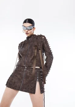 DARKER WAVS Outerwear|Tops*Warp Spiked Jacket With Lace Up Sleeves - Brown