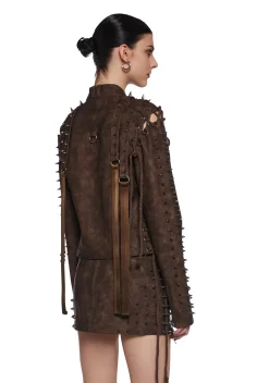 DARKER WAVS Outerwear|Tops*Warp Spiked Jacket With Lace Up Sleeves - Brown