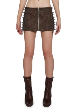 DARKER WAVS Bottoms|Skirts*Warp Spiked Mini Skirt With Zippers - Brown