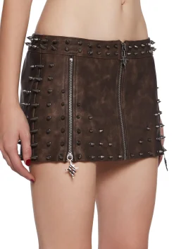 DARKER WAVS Bottoms|Skirts*Warp Spiked Mini Skirt With Zippers - Brown