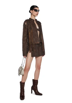 DARKER WAVS Bottoms|Skirts*Warp Spiked Mini Skirt With Zippers - Brown